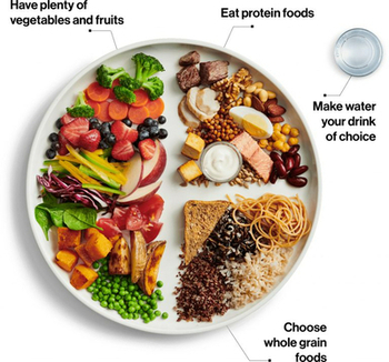 The food guide snapshot has two main images. The first image shows a glass of water and a plate with food. This statement appears at the top:  Eat a variety of healthy foods each day.